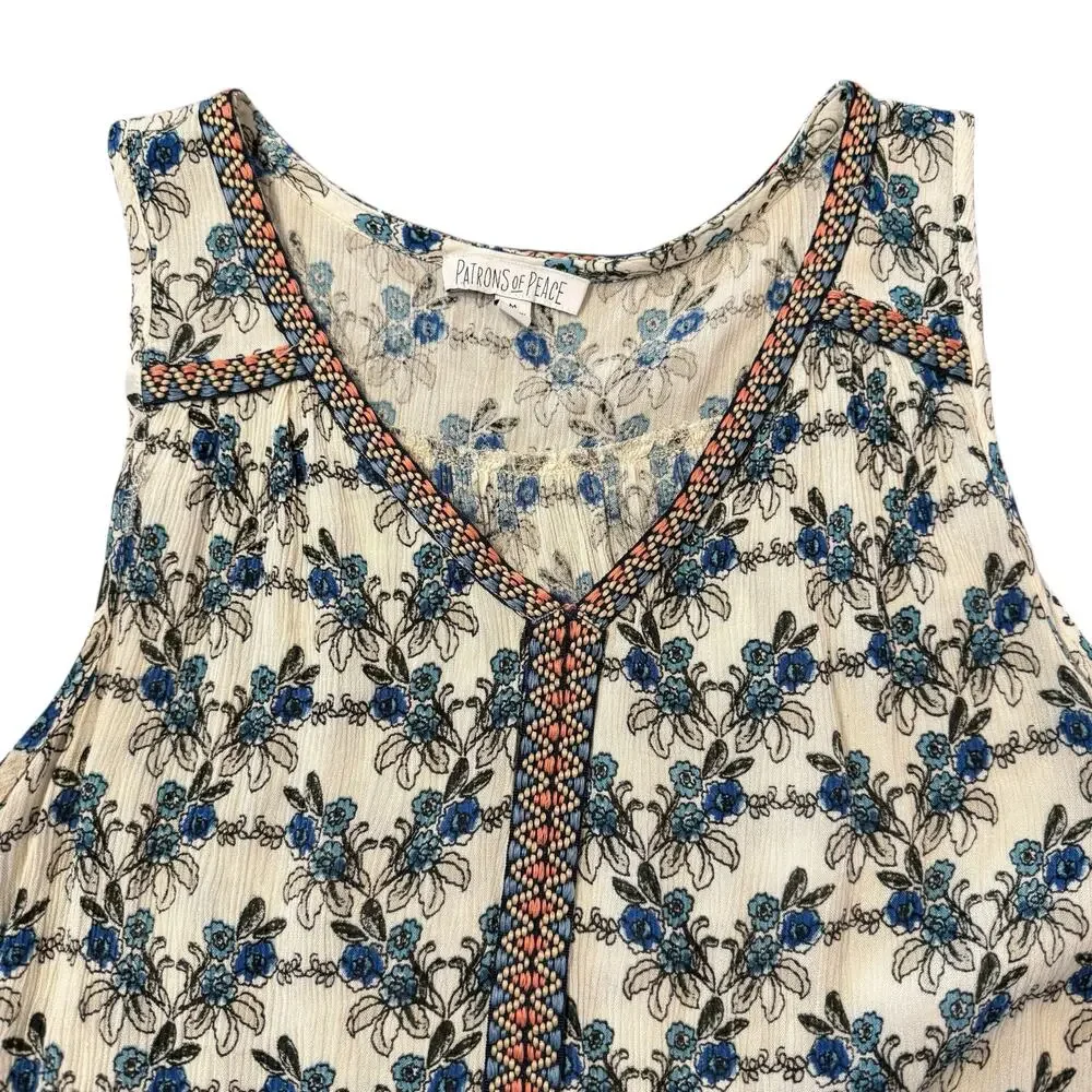 Patrons of Peace Womens boho tank, blue floral and geometric mixed patterns, M - Picture 2 of 6